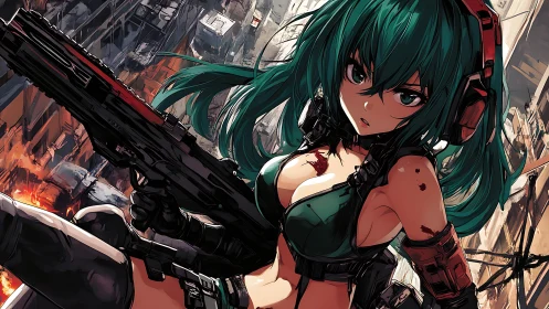 Tactical teal haired assault operative in urban firefight.