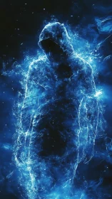 Volumetric plasma silhouette of hooded digital specter.