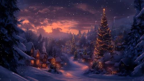 Snowy village glow under a twinkling holiday twilight sky.