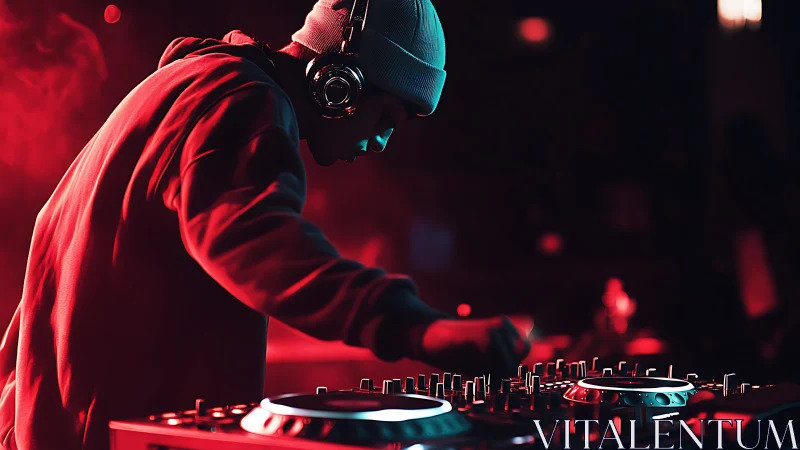 Hooded DJ mixes under red club lights with focused intensity