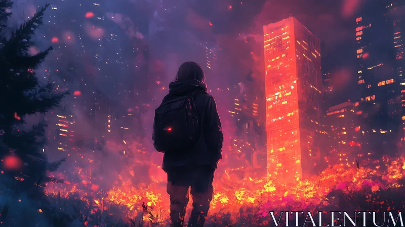 Backlit silhouette surveying incendiary urban forest burnscape.