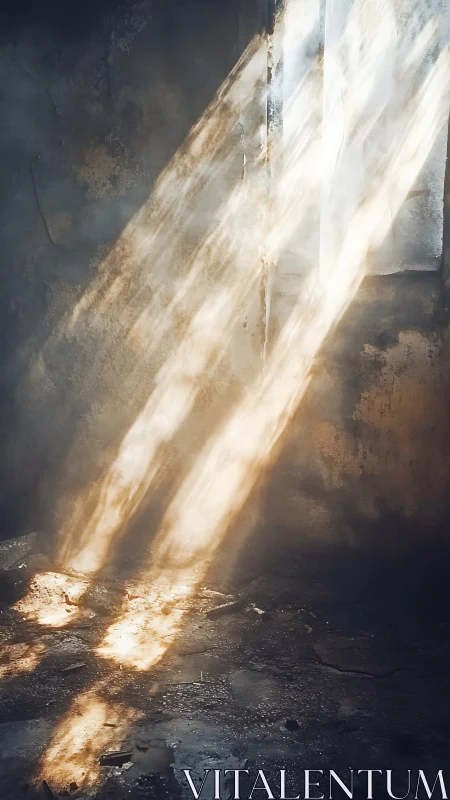 Photorealistic light shafts in decayed concrete interior space.