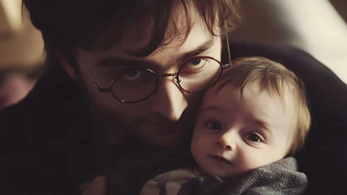 Tender close-up portrait of young parent holding baby lovingly.