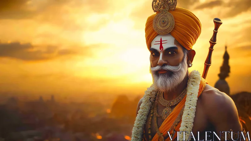 Sunlit sage in saffron armor of devotion at golden dusk.