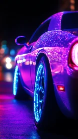 Neon-lit performance coupe with LED wheel illumination at night.