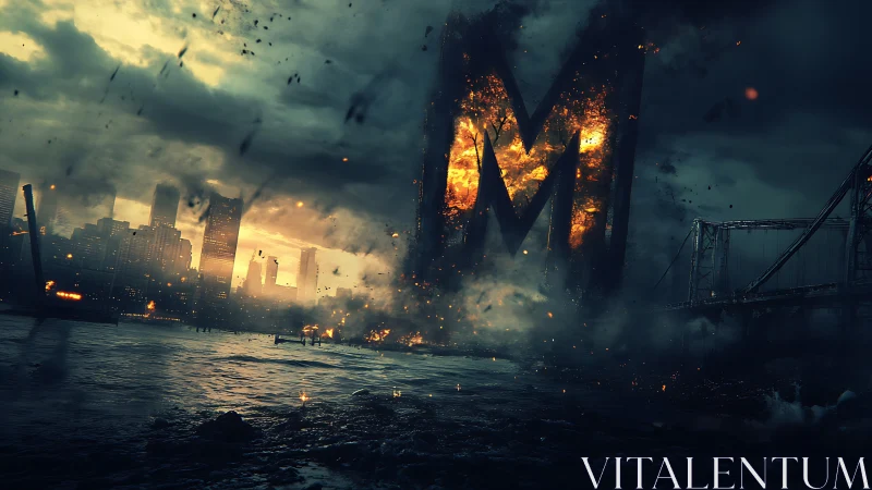 Monolithic flaming M engulfs a stormy, collapsing cityscape.