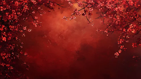 Floral branches with blossoms arranged against deep red gradient background