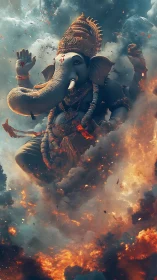 Divine elephant-headed deity floating in fiery storm clouds.