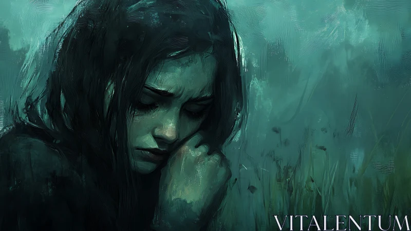 Solitary girl in teal-toned field, lost in quiet sorrow.