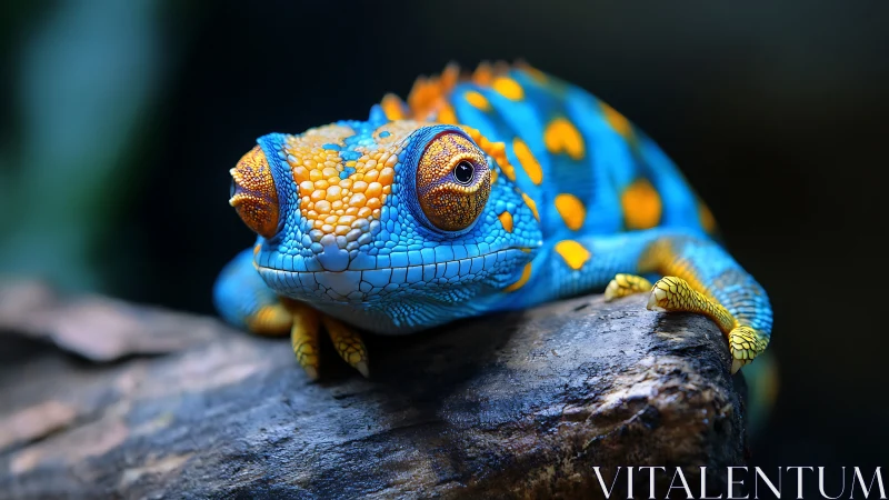Colorful gecko rests on a log in peaceful close-up view.