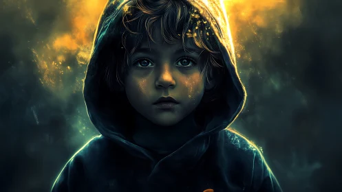 Hooded child gazes through glowing dusk in quiet wonder