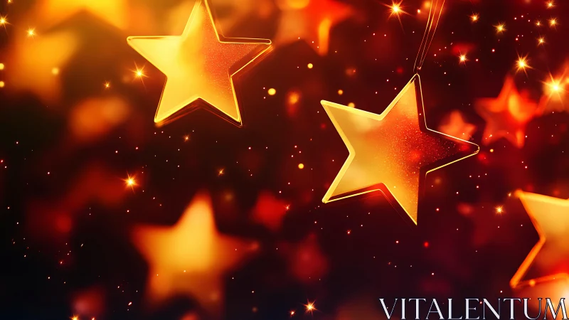 Luminous golden star ornaments in shallow depth festive bokeh