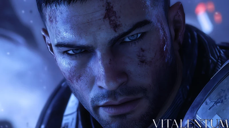 Cinematic 3D close-up of battle-worn sci-fi soldier portrait.