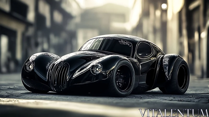 Streamlined black concept coupe on empty urban street.