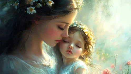 Mother and child embrace in soft glowing floral light