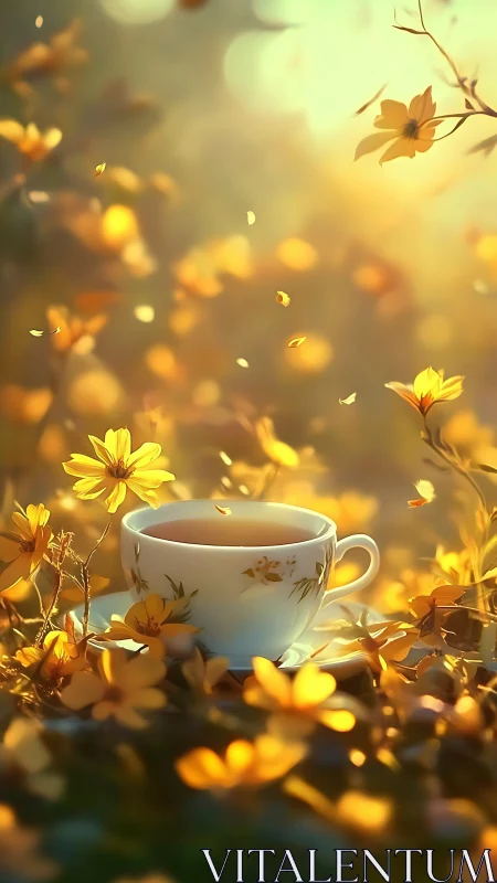 Sunlit tea cup cradled in a drifting meadow of gold petals.
