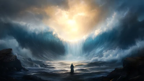 Prophetic figure before towering parted ocean vortex.