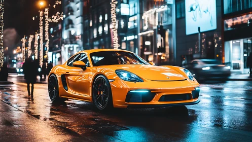 Yellow sports coupe on wet city street at night.