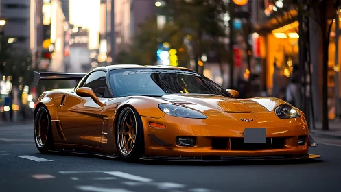 Low-slung golden sports car in neon-lit city street scene.