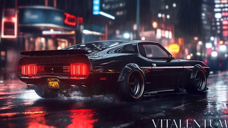 Modified black muscle car on wet neon city street at night.