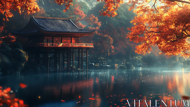 Tranquil lakeside pagoda rests beneath glowing autumn maple light