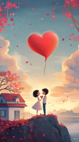 Couple With Red Heart Balloon Against Sky.