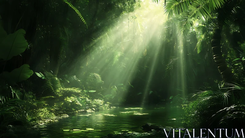 Volumetric sunlight penetrating dense rainforest poolscape.