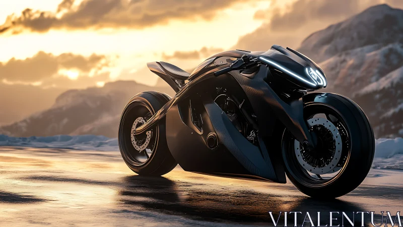 Futuristic black motorcycle rests on a glowing mountain road