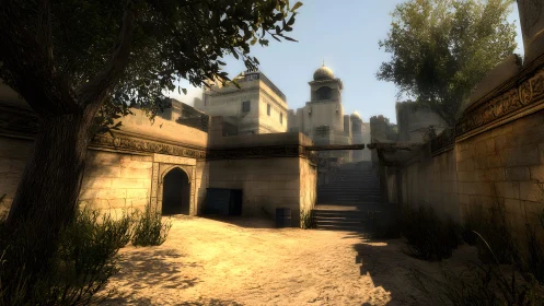 Sunlit Middle Eastern courtyard in realistic 3D game environment.