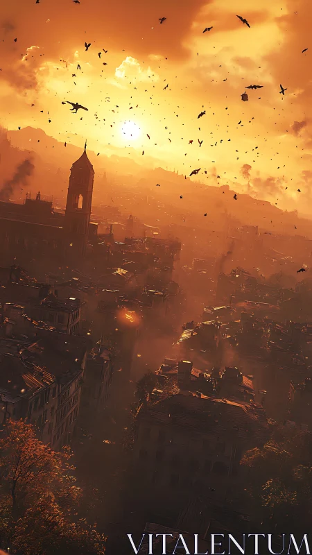 Burning city skyline glows beneath dense orange war-torn sky