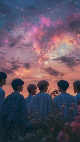 Group of figures viewing colorful star field at dusk sky.