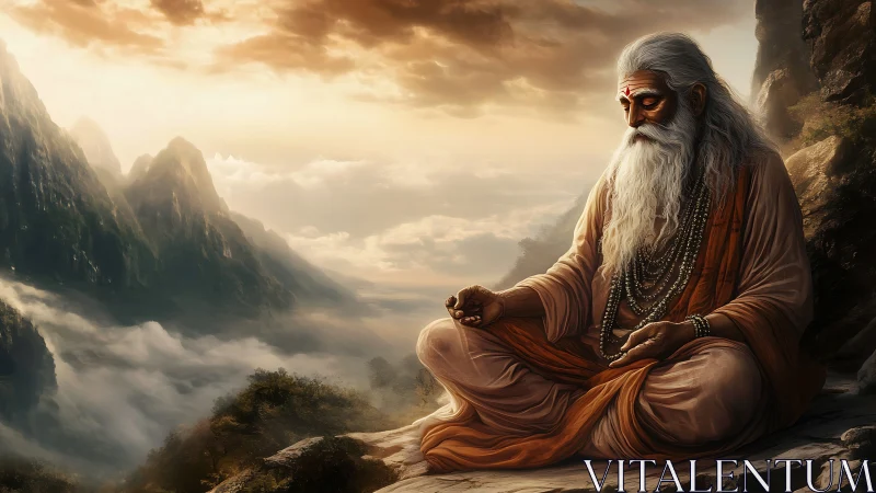 Mountain sage rests in peaceful meditation above soft clouds