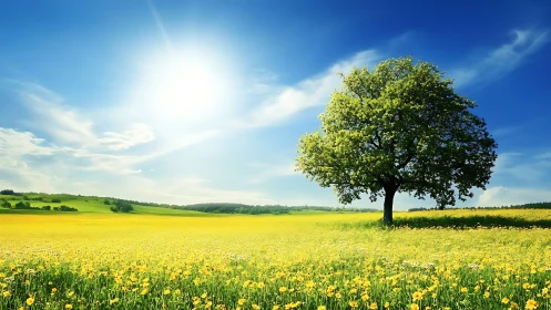 Sunlit tree watching over a peaceful yellow flower meadow.