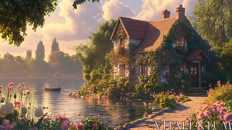 Lakeside cottage wrapped in blooming roses at golden hour.