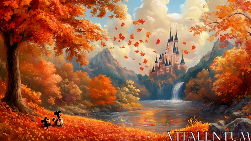 Autumn castle daydream beside a bright, leaf-tossed river.