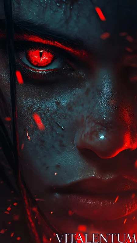 Demonic eye burns through darkness with embers and cold skin