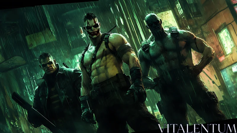 Militant clown enforcers in rain-soaked cyberpunk alleyway.