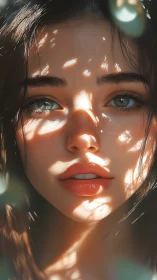 Sunlit portrait isolates serene face in dappled foliage