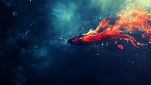 Fiery comet fish streaks through dark underwater void