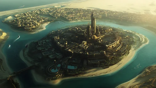 Sunlit circular desert megacity with radial waterfront fortifications.