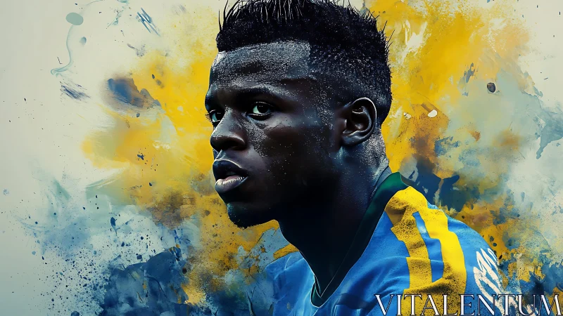 Football player portrait with abstract blue and yellow background.
