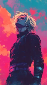 Neon-lit anime hero stands defiant against vaporwave sky