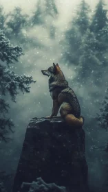 Lone wolf on a rock in a dark snowy forest at dusk.