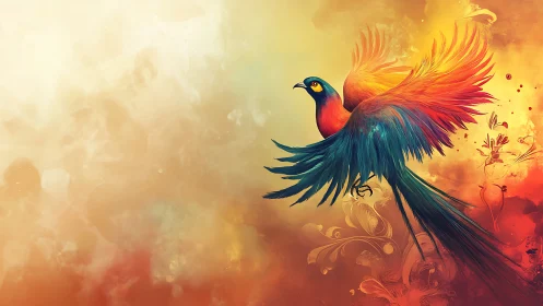 Vibrant Phoenix Bird in Flight Digital Art with Warm Tones.