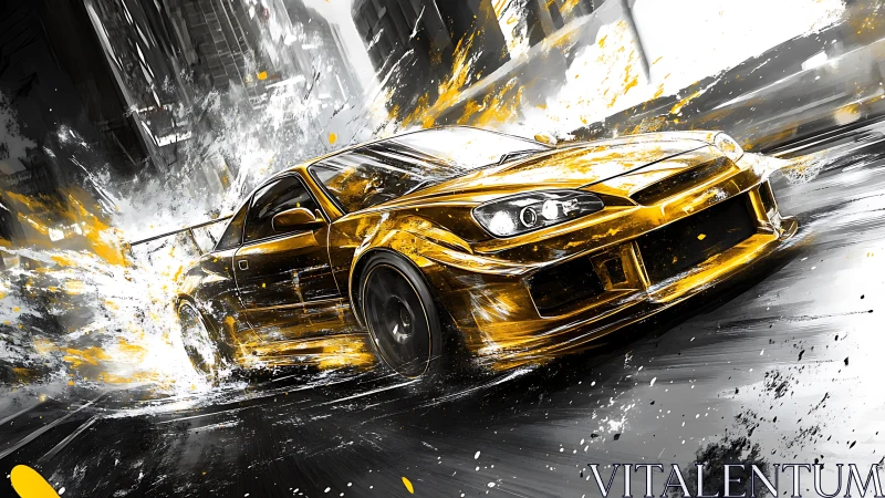 Gold street racer car drifts through explosive city spray