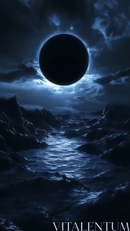 Lunar eclipse above nocturnal oceanic chasm in silhouette.