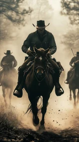 Cowboy riders advance through dust with strong frontal lighting