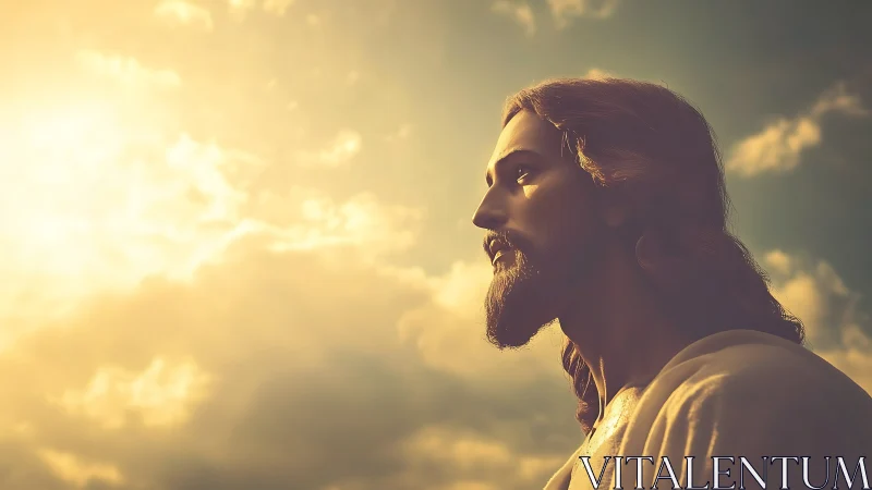 Serene bearded figure gazes toward radiant golden sunrise