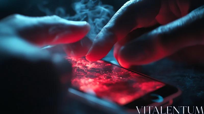 Close-up of hands touching glowing smartphone screen surface.