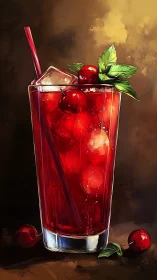 Crimson Beverage with Iced Cherries and Mint Garnish. Digital Rendering.